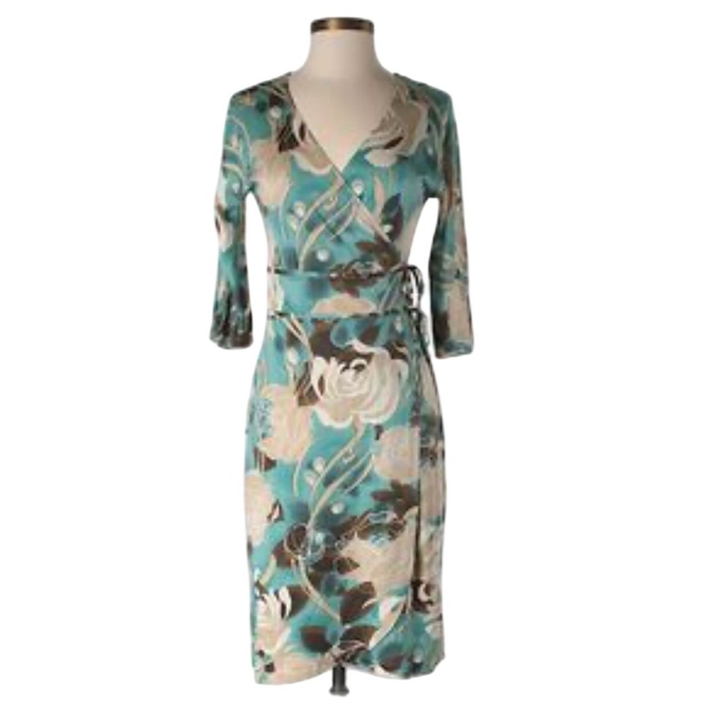 Banana Republic Wrap Dress Womens Large Teal Brown Floral Vintage Y2K 325422-00